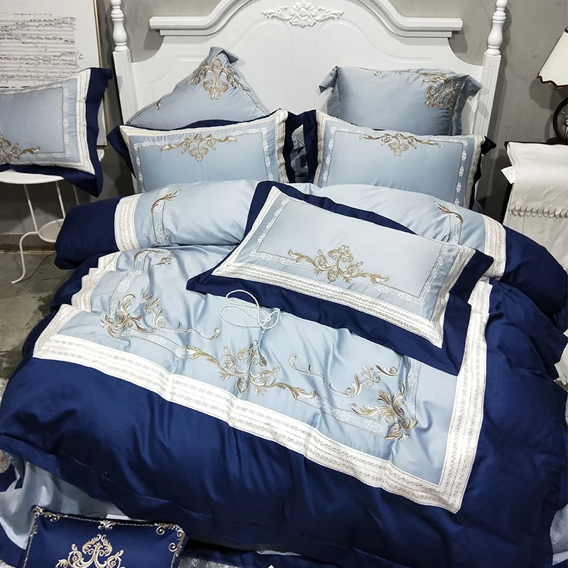 

Luxury blue white 100S Egyptian cotton Embroidery Bedding sets Queen King Royal Duvet cover Bed sheet set Pillowcases 4/6pcs