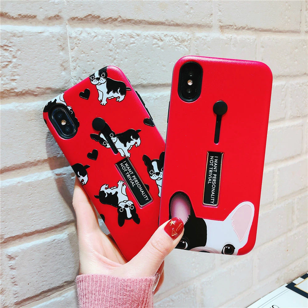 Funny French Bulldog Puppy Cartoon Soft Phone Case For iphone XS MAX XR Red Hide Stand Holder case 6s 6 Xs 7 8 Plus X |