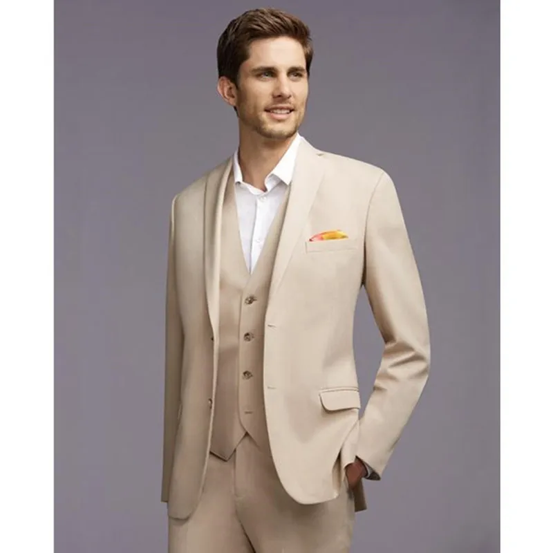 Men Suits Beige Wedding Suits For Men Notched Lapel Grooms Tuxedos 2017 Two Button Groomsmen Suit Slim Fit (Jacket+Pants+Vest)