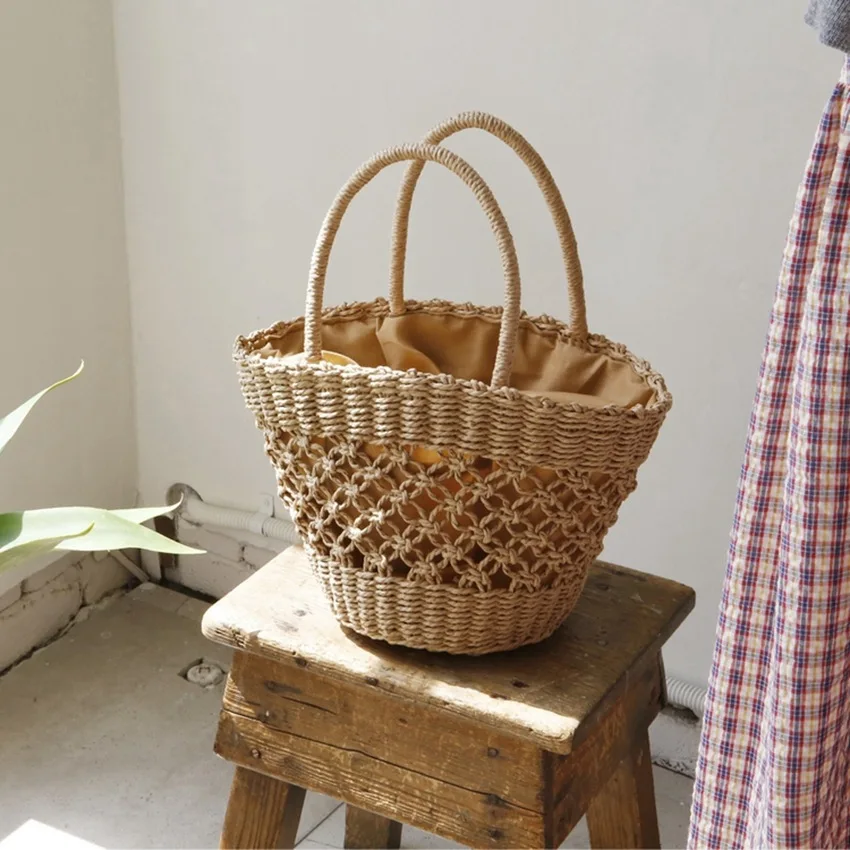 

New handmade paper rope hollow bag handbag hand-made bag women's retro fashion cylinder bag travel holiday beach bag