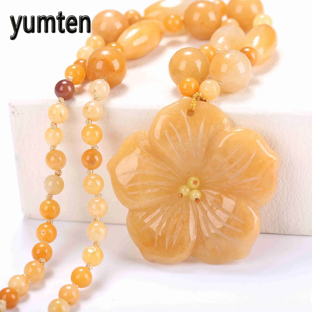 Fine yellow Jade Popular Flower Necklace Pendant Elegant Women Jewelry Topaz High End Style Exquisite gift Long | Украшения и
