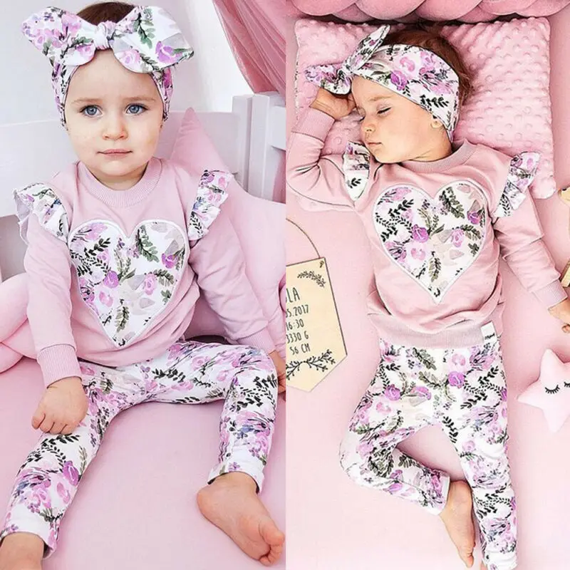 Kids Baby Girl Flroal O neck Tops + pink pants Headband Outfits Clothes Summer 3Pcs Kid Girls Clothing Set Drop Ship | Детская одежда и