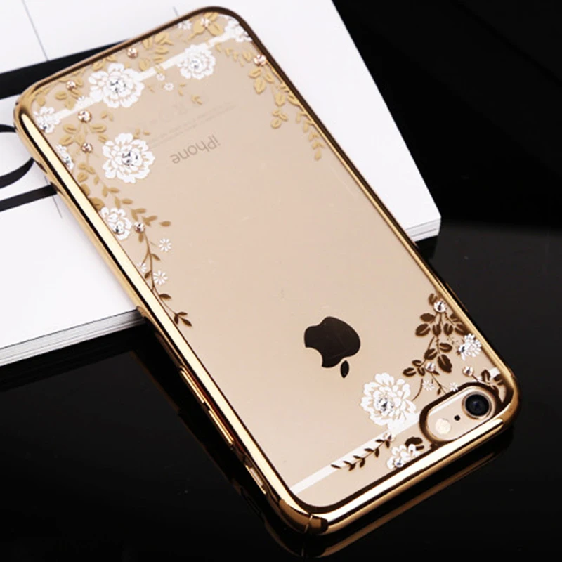 Capinha Para Chic Flower Flora Bling Diamond Rhinestone Clear Soft TPU Case For iPhone XS MAX XR X 6S 5S SE 8 6 7 Plus |