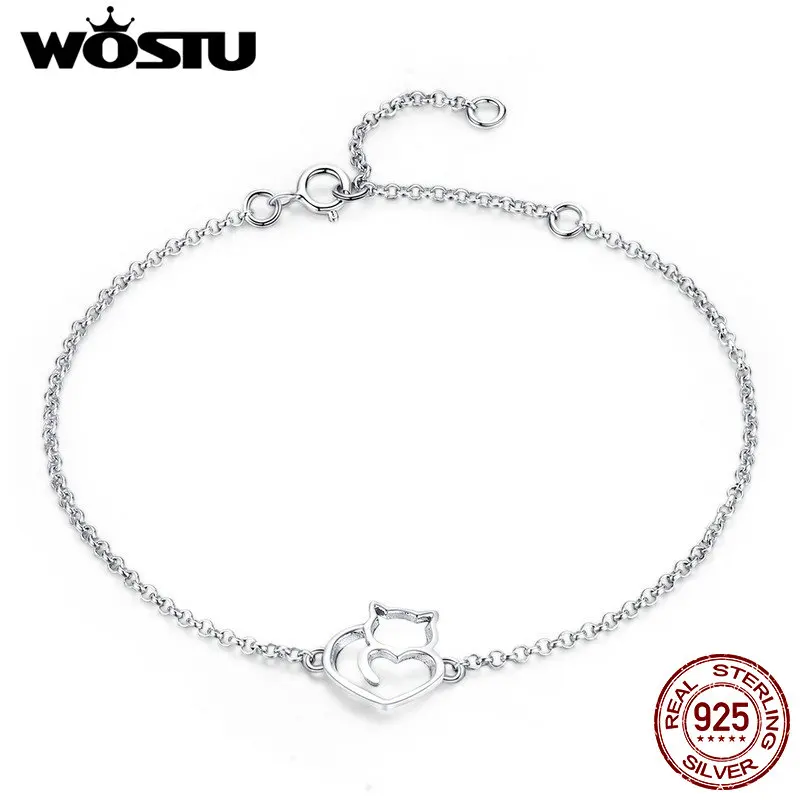 WOSTU настоящий 925 пробы Серебряный и милый Кот Китти браслет для женщин Регулируемая цепочка Серебряные вечерние ювелирные изделия CQB102