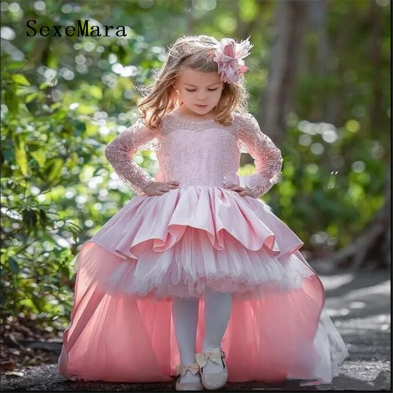 Pink Long Sleeves Baby Girls Birthday Dress Puffy Tulle High Low Girls Pageant Dress Party Gown with Bow
