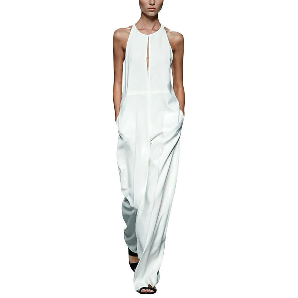 Женский Длинный комбинезон Modis однотонный без рукавов из хлопка и льна для работы