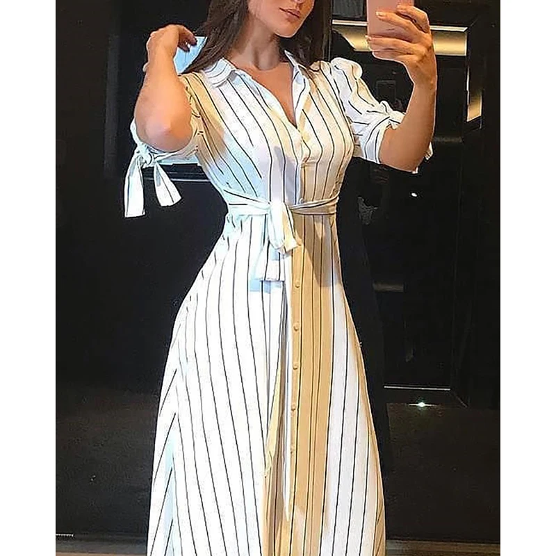 Лето в стиле Boho женские платья макси короткий рукав Женская Полосатая Рубашка
