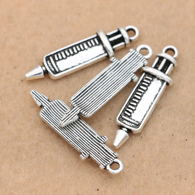 KJjewel Antique Silver Plated Syringe Injector Charms Pendants for Jewelry Making Bracelet Accessories Diy 27x8mm 10pcs/lot | Украшения и