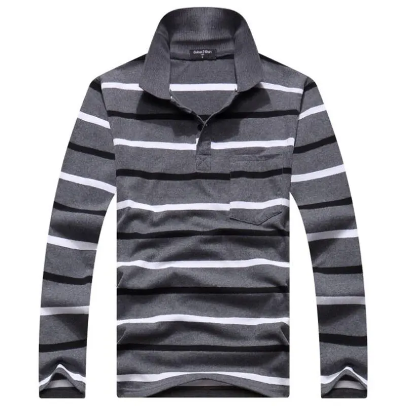 Мужчины Полоску Рубашка-Поло С Длинным Рукавом Тонкий Азиатский Размер 100 Хлопок
