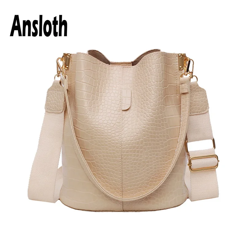 

Ansloth Patchwork Shoulder Bag Women Crocodile Design Bucket Bag Ladies PU Leather Crossbody Bag Female Solid Color Bag HPS586