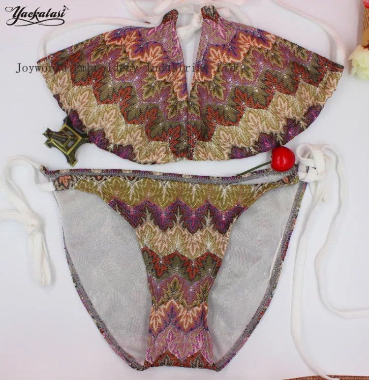 Женский бюстгальтер, бикини, костюмы, Missoni, полосатая ткань, летние купальники, нижнее белье, свободный галстук, Halterneck, пуш-ап, кроше, на бретелях, пляжный костюм