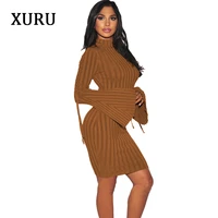 xuru autumn women long sleeve dress pit fabric lace up flare sleeve bodycon dresses womens casual party mini dress high stretchy