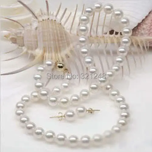 

Free shipping genuine 8-9mm natural white cultured pearl beads necklace earrings high grade hot sale jewelry set 18inch BV105