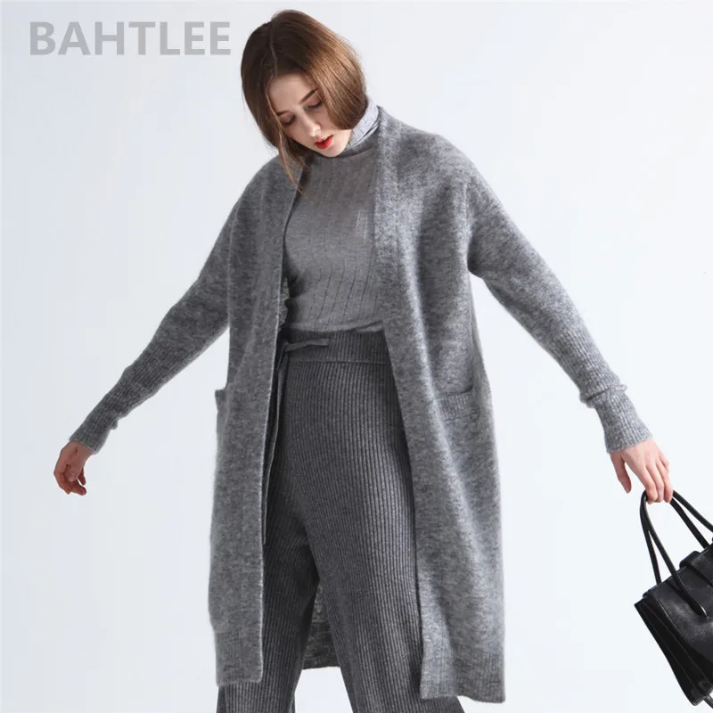 BAHTLEE Spring Autumn Women's Mohair Cardigan Sweater With Pocket V-Neck Knitted Solid Long Sleeves Wool Coat Casual Lazy Style