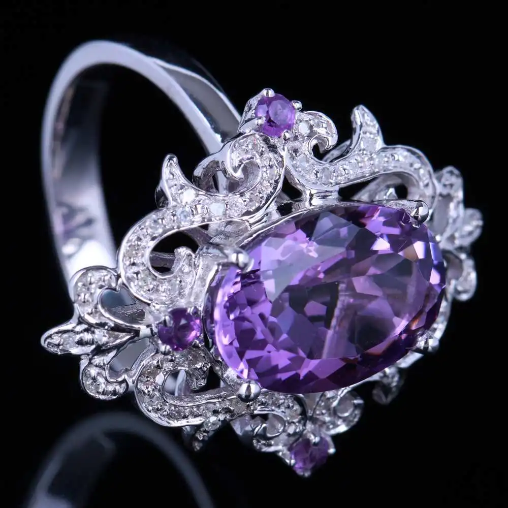 HELON 925 Sterling Silver Oval 4.54ct 100% Genuine Natural Amethyst Diamonds Ring Engagement Women Special Flowers Fine Jewelry | Украшения