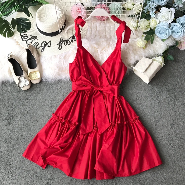 Красный ALPHALMODA, летнее женское короткое платье с v-образным вырезом, без рукавов, высокая талия, а-силуэт, одноцветное, для девушек, Пляжное, праздничное, хлопковое, Vestidos - Цвет: Красный