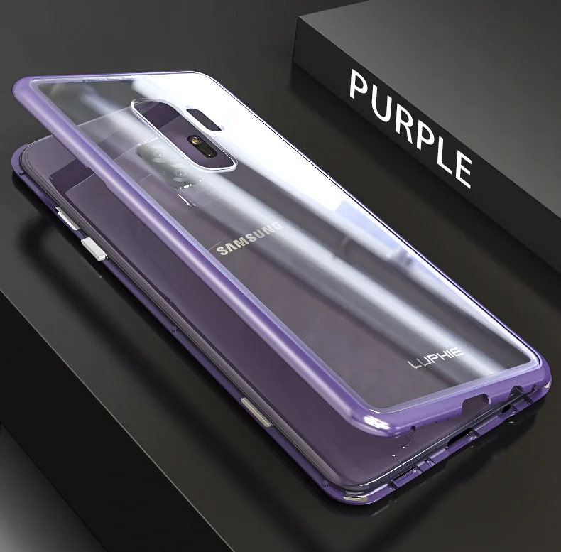 LUPHIE для samsung Galaxy S9 S8 Plus S7 Edge Note 8 Note 9 чехол абсолютно магнитный Алюминиевый металлический каркас закаленное стекло - Цвет: Clear Purple