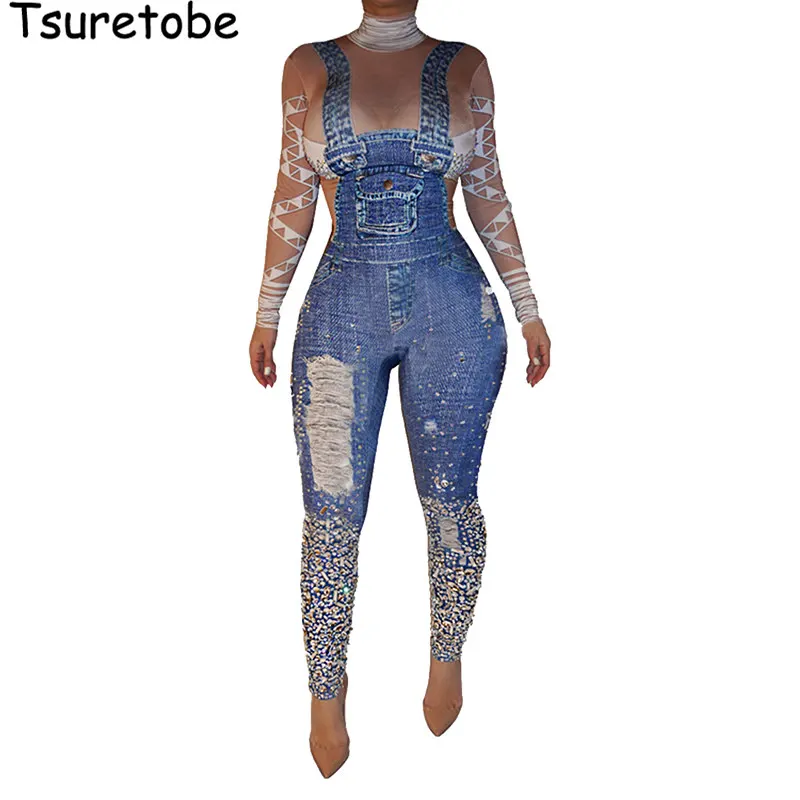 Tsuretobe Printed Strap Denim jumpsuit For Women Hole Bodycon Fashion Bodysuit Female Vestidos Elegant Casual Jumpsuit Slim | Женская