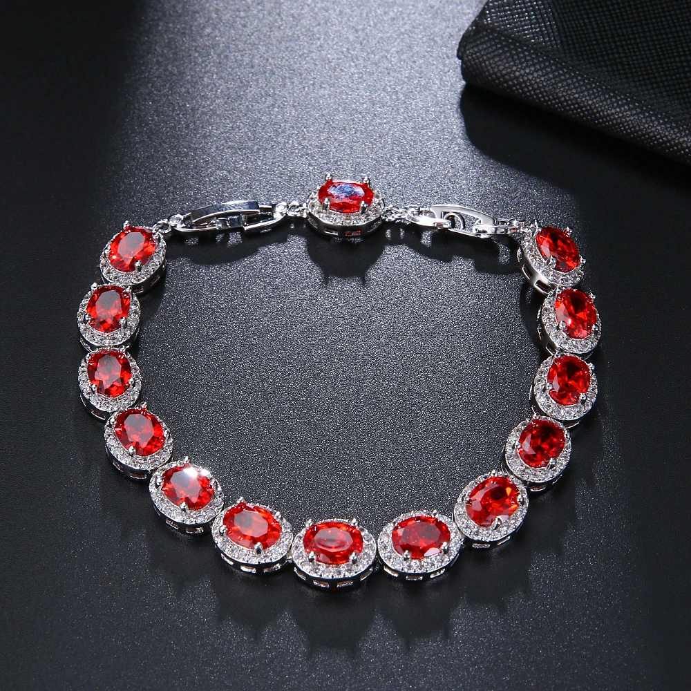 

Hermosa Jewelry Charm Red Ellipse Tennis Bracelet Silver Color Bracelets 7 inch