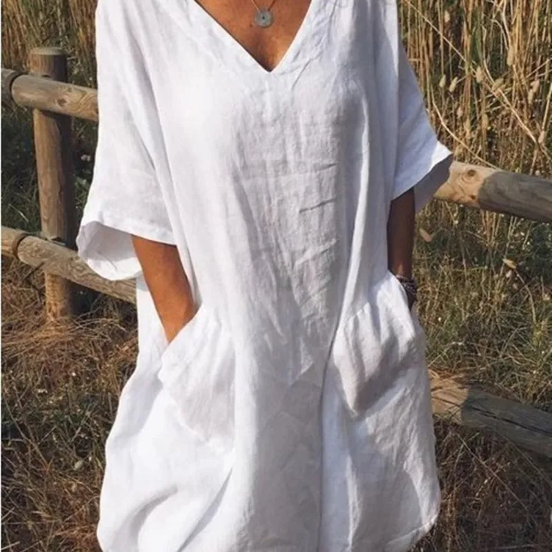 2019 summer new large size women's dresses pure color casual V-neck five-point sleeve double pocket | Женская одежда
