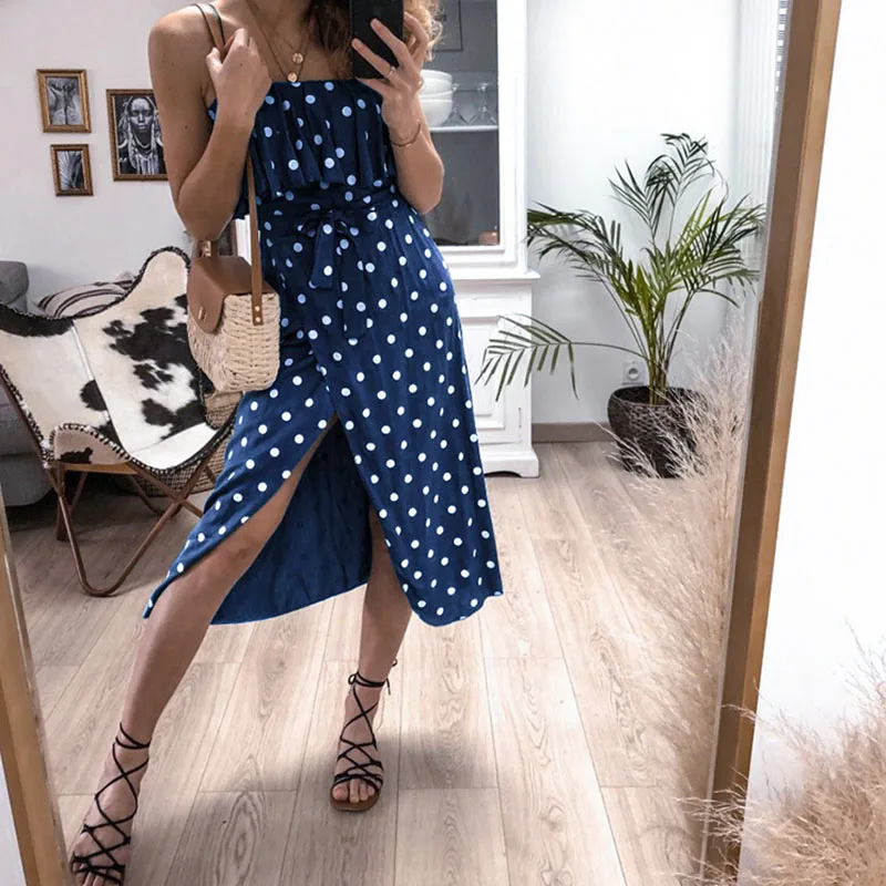 Boho женское сексуальное пляжное платье с разрезом сбоку в горошек бандо летние
