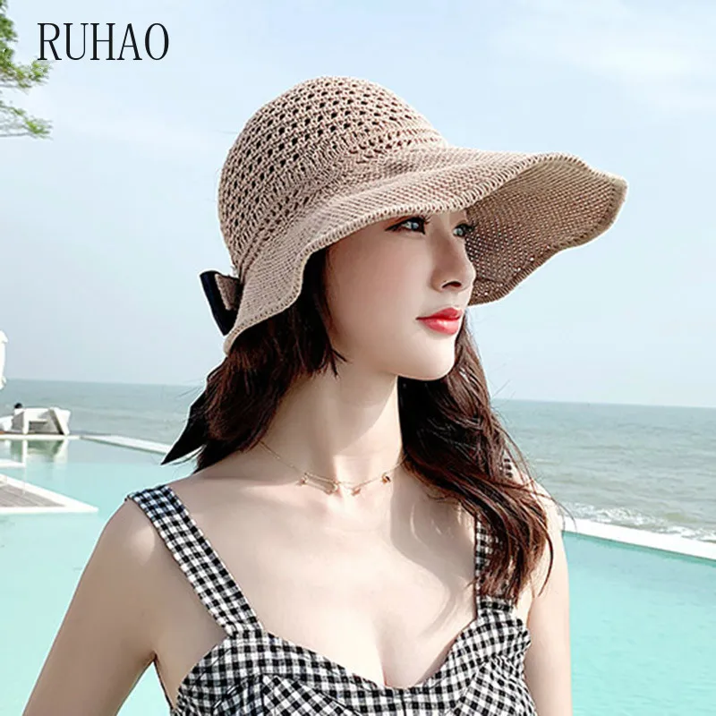 

RUHAO 2019 Hot sale Beach hats women wide brim floppy korean womens summer caps sun protection caps for ladies visors hat