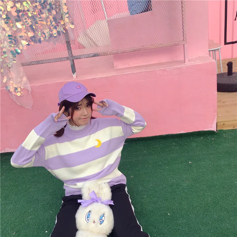 Harajuku модные женские туфли свитер сладкий Карамельный цвет полосатый вязаный свитер Симпатичные Луна вышивка хлопок Для женщин пуловер свитер
