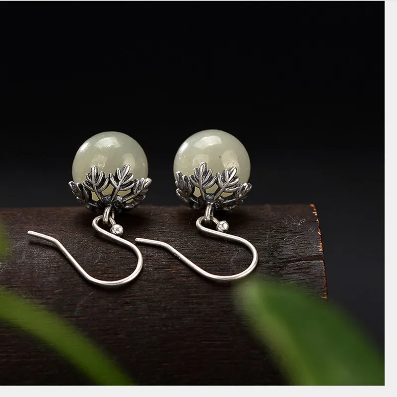 Серьги-капли женские из серебра 925 пробы Нефритовые Шары ручной работы |