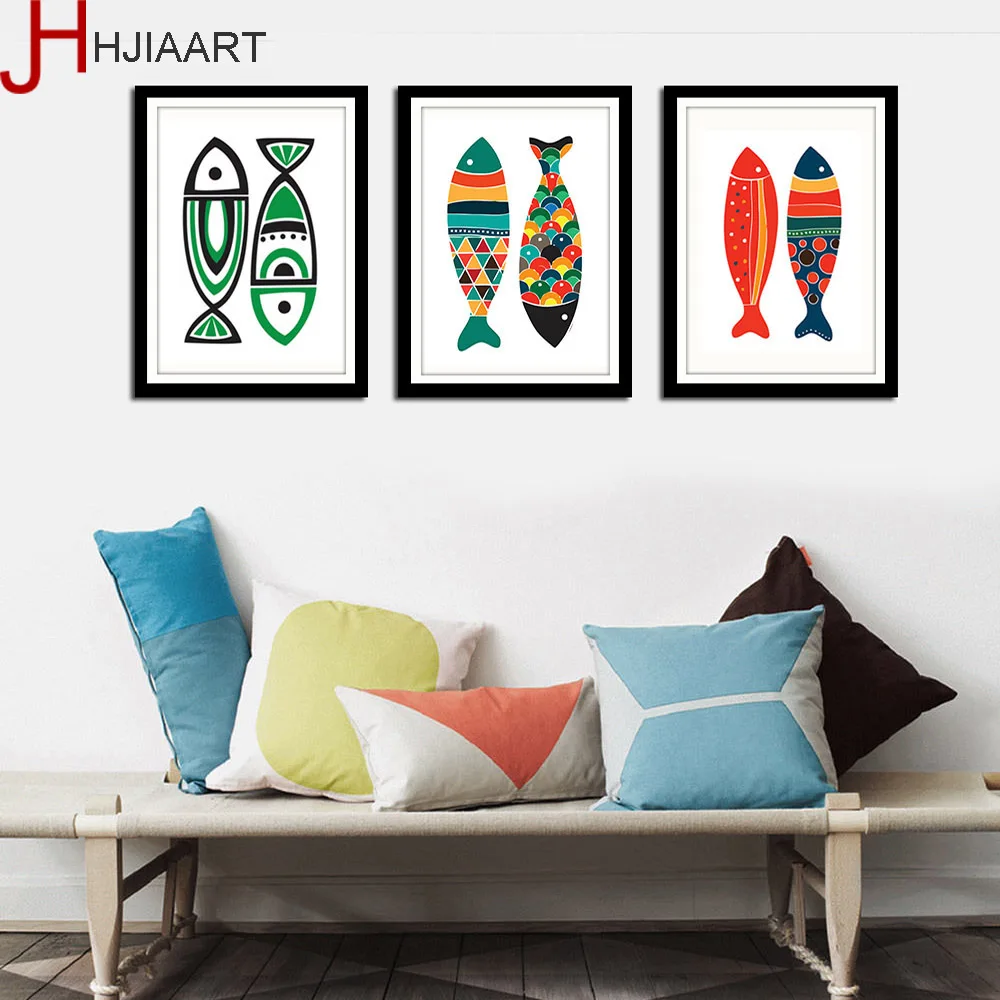 Скандинавское искусство красочные рыбки холст постер минимализм Живопись