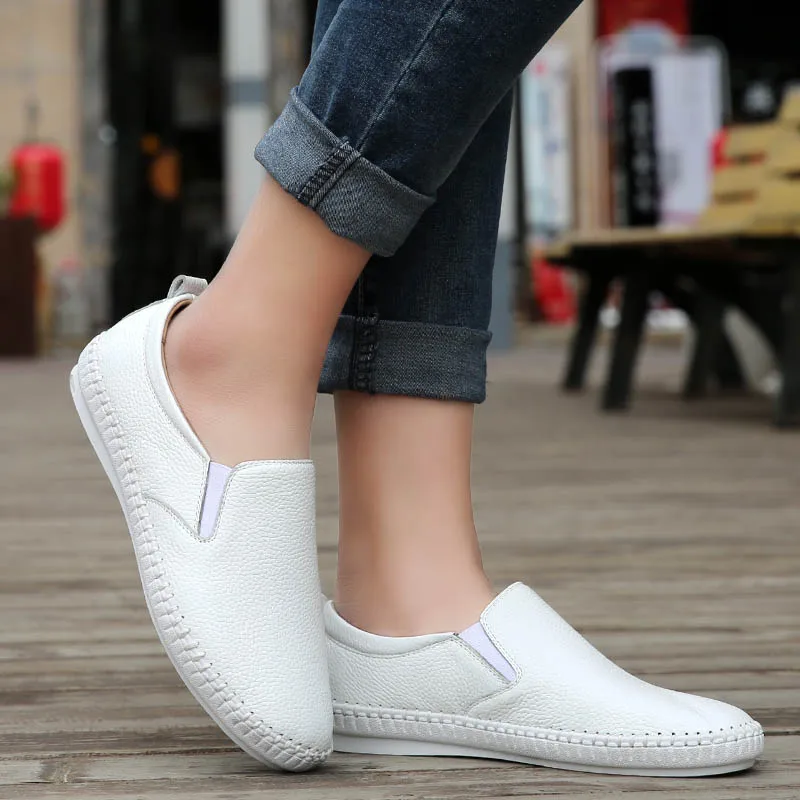002 white EOFK/брендовая Осенняя женская обувь из натуральной кожи; слипоны на плоской подошве; обувь ручной работы; женские лоферы; мокасины на плоской подошве; женские лоферы - Цвет: 002 white