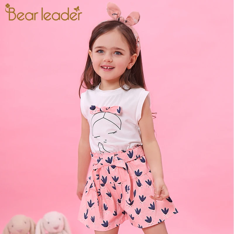 Bear leader/комплекты одежды для девочек Новая летняя футболка без рукавов+ штаны с бантом и принтом комплекты детской одежды из 2 предметов одежда для малышей