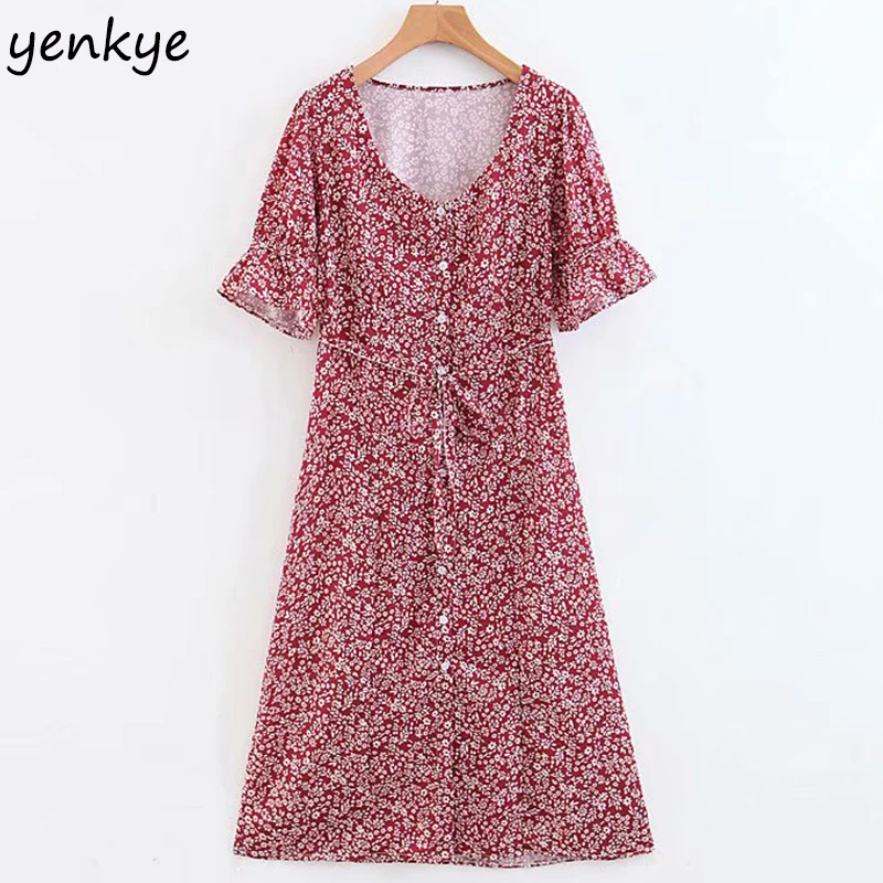 2019 Women Vintage Floral Print Holiday Summer Dress Lady V Neck Butterfly Sleeve A-line Midi Casual SDP6085 | Женская одежда