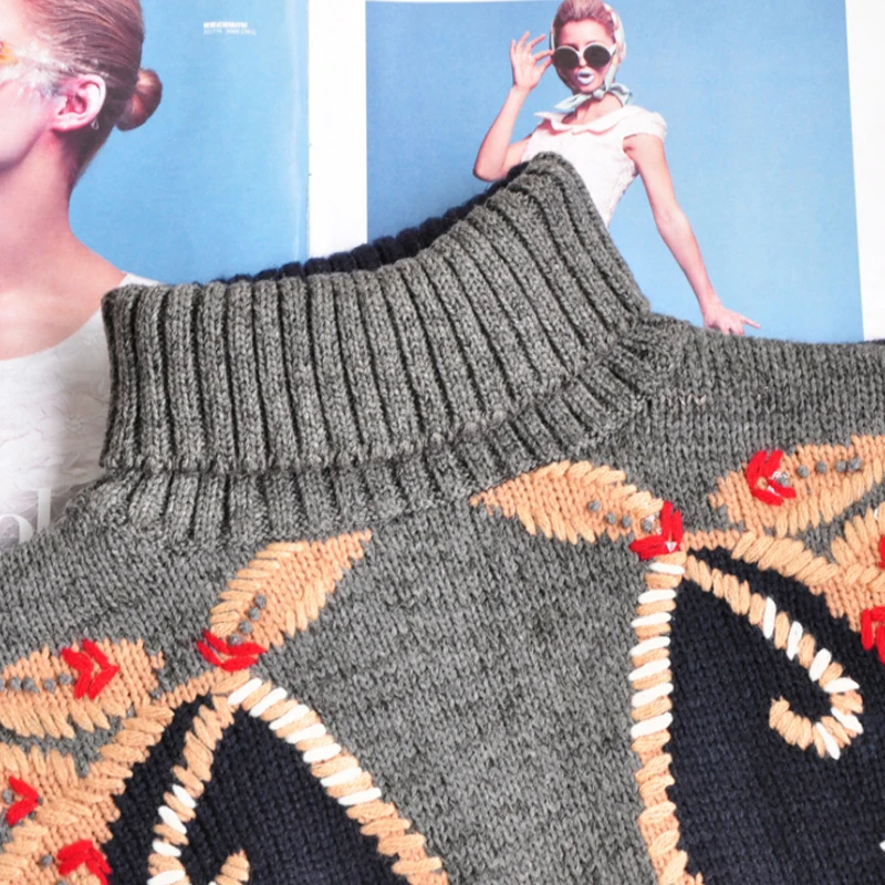 2022 Spring Women Thick Sweaters Turtleneck Neck Knitted Pullovers Christmas Female Runway Embroidery floral Jumper Clothing | Женская