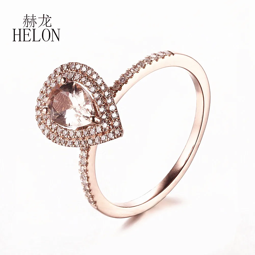 HELON Solid 14 k розовое золото два халоса натуральные Алмазы обручальные Обручальные кольца 5x7 мм Груша морганитное кольцо ювелирные изделия для женщин