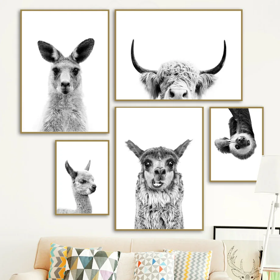 

Black White Kangaroo Alpaca Yak Otter Sloth Wall Art Canvas Painting Nordic Posters And Prints Wall Pictures Kids Room Decor