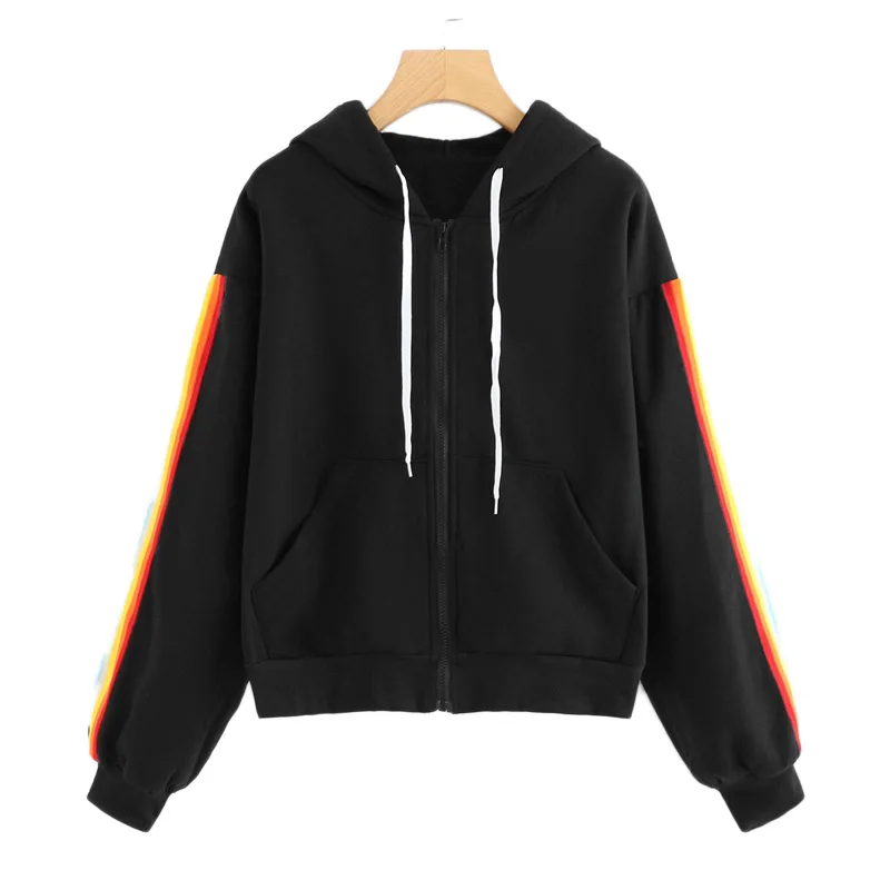 SweatyRocks Черная куртка в радужную полоску с длинным рукавом на шнурке с капюшоном на молнии осеннее женское повседневное пальто