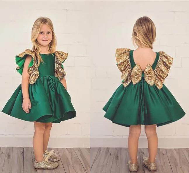 Dark Green Flower Girls Dresses With Bow Knot gold Sequins Backless Satin Pageant Gowns Knee Length Sleeveless prom dress | Детская