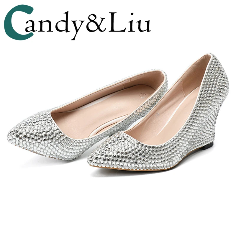 Silver Crystal Shoes Woman Pumps Wedges Pointed Toe Block Party Bling Rhinestone Decoration Bridesmaid Wedding High Heels