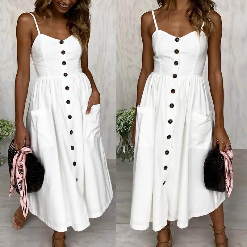 Summer cotton Vintage dress Women robe Bohemia Solid color casual single-breasted suspenders Dresses vestido de 2019 | Женская одежда