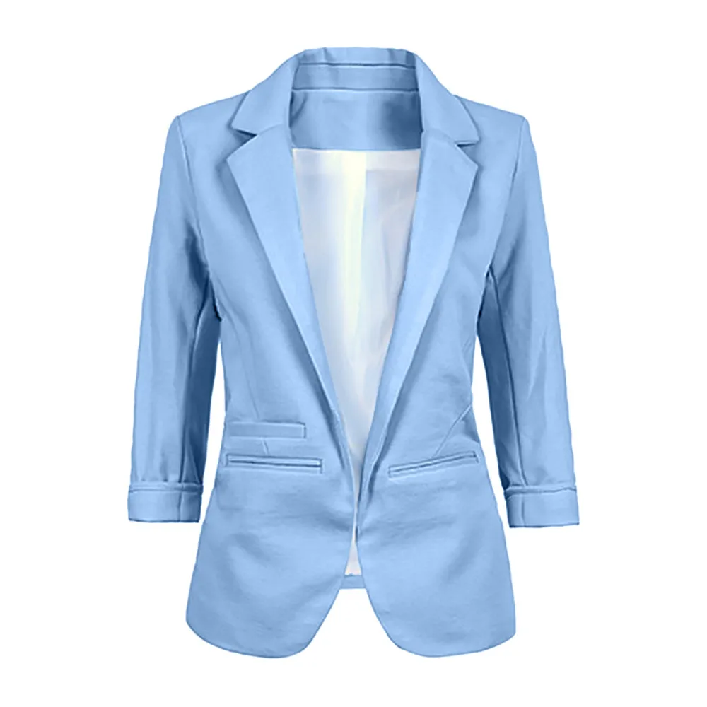 Light blue Женский Блейзер Осень рукав сплошной цвет Повседневная офисная куртка блейзеры пальто плюс размер XXL без пуговиц Леди Фиолетовый Белый Черный блейзер - Цвет: Light blue
