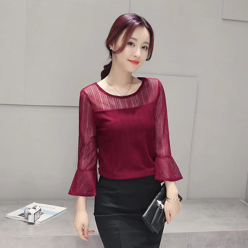 Fashion Three Quarter Flare Sleeve Chiffon Blouse Women 2018 Sexy Lace Mash Perspective Blusas Slim Top Plus Size Blouses LY897 | Женская