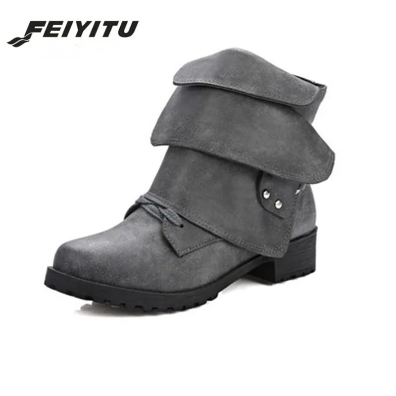 Модные зимние женские ботинки feiyitu для верховой езды винтажные боевые ботильоны