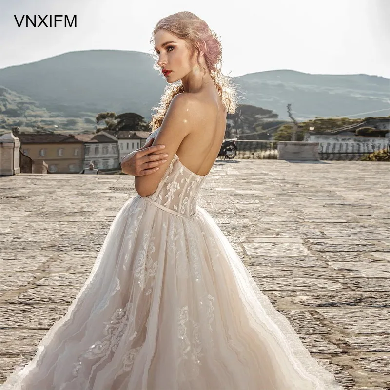 VNXIFM 2019-bridal-strapless-sweetheart-neckline-heavily-bodice-romantic-blush-a-line-wedding-dress-mid-back-chapel-train | Свадьбы и