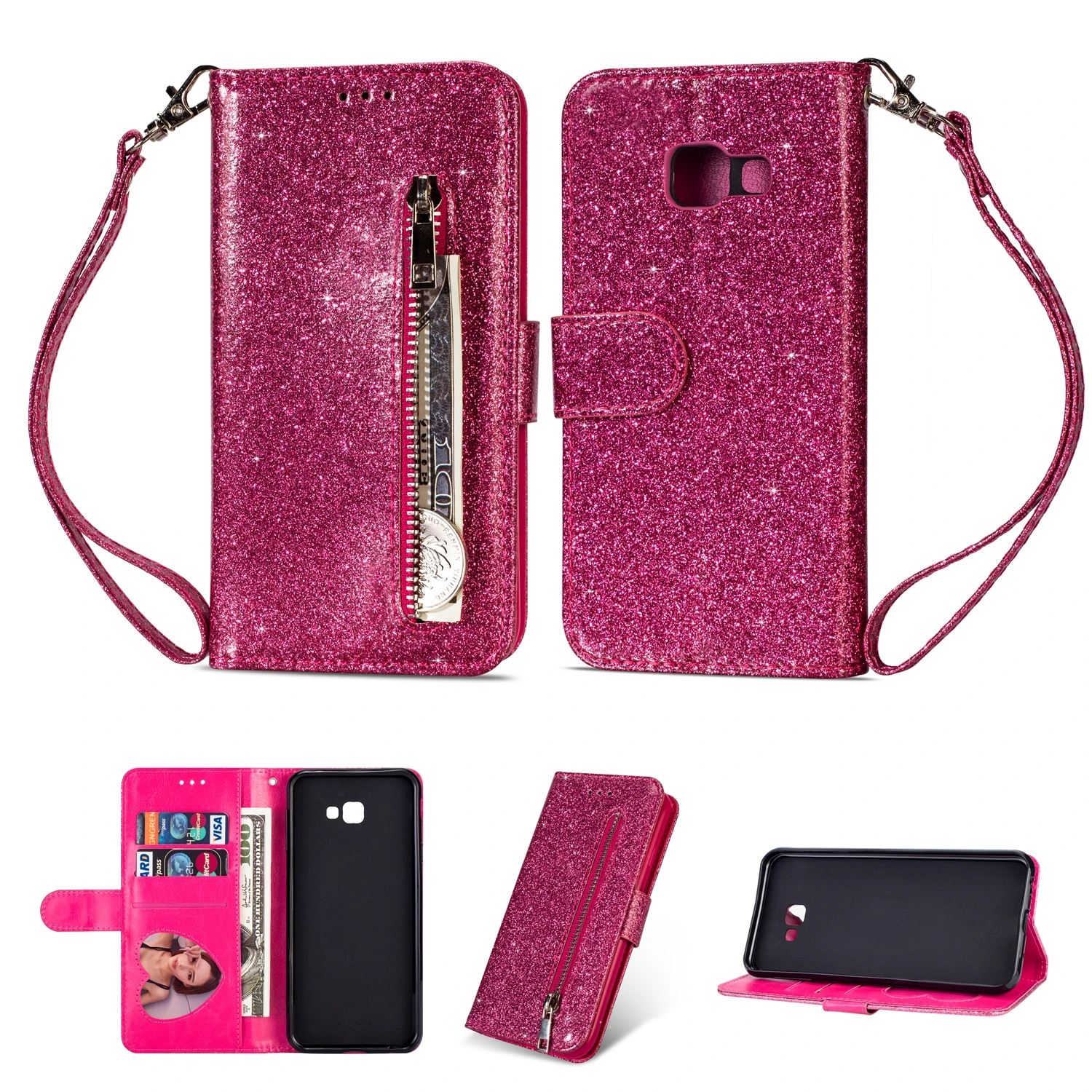 Rose Red Bling чехол S10E для samsung Galaxy J4 J6 A6 плюс J330 J5 Pro J730 A5 A7 A6 плюс кожаный чехол-книжка бумажник с застежкой-молнией крышка - Цвет: Rose Red