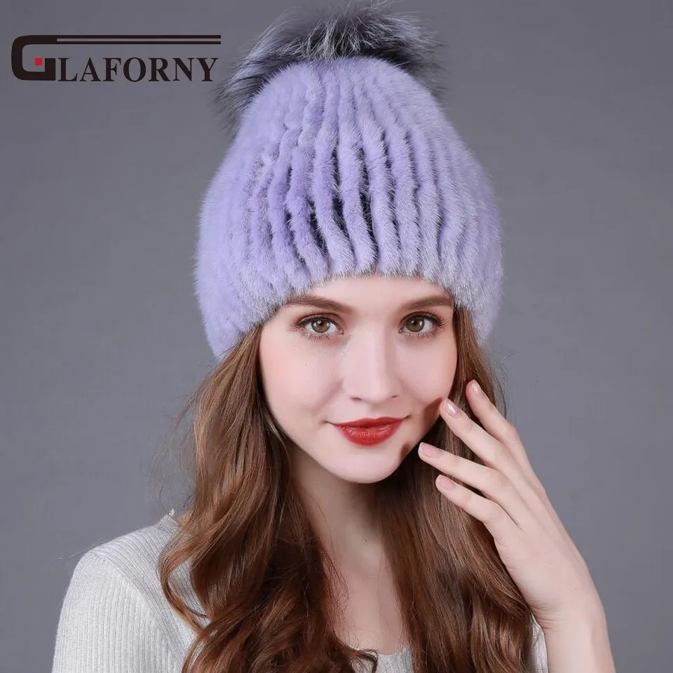 Glaforny Вязаные норковые меховые шапочки женские зимние теплые меховые шапки с серебряными помпоны из лисьего меха натуральная меховая шапка высокого качества