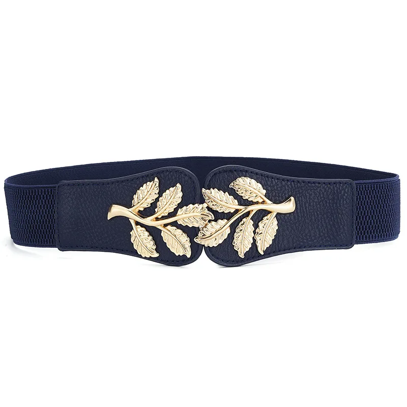 Navy blue Размера плюс Для женщин широкий эластичный пояс модные золотые листья из искусственной кожи с пряжкой; нарядное пальто эластичный декоративный пояс для вечерние - Цвет: Navy blue