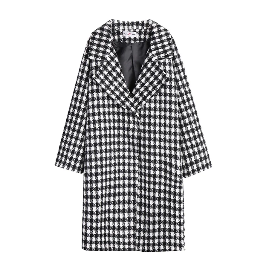 Hodisytian Winter Fashion Women Wool Blends Houndstooth Trench Coat Casual Block Check Thick Cardigan Female Cashmere Overcoat | Женская