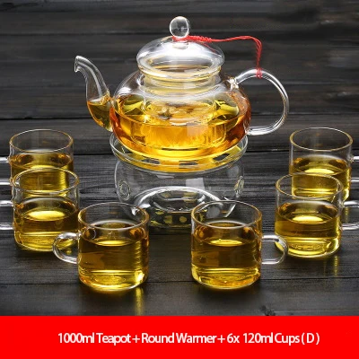 1000ml 8in1 Элегантный стеклянный чайный сервиз из боросиликатного стекла, чайный горшок с чашками, бамбуковый чайный поднос, чайный сервиз, подогреватель, стеклянный чайный горшок, подарочный набор - Цвет: 1000ml 8in1