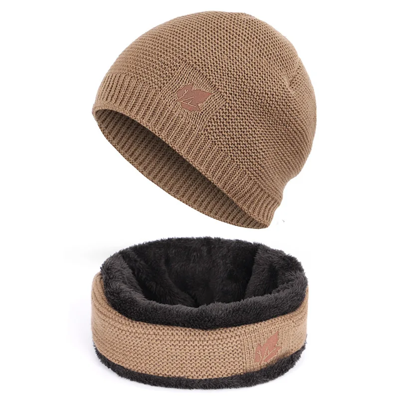 KHAKI1 Модные мужские зимние вязаные шапочки, шапка, шарф, комплект из 2 предметов, высокое качество, мужские бархатные Утолщенные мягкие шапки, шарфы, теплые мужские - Color: KHAKI1