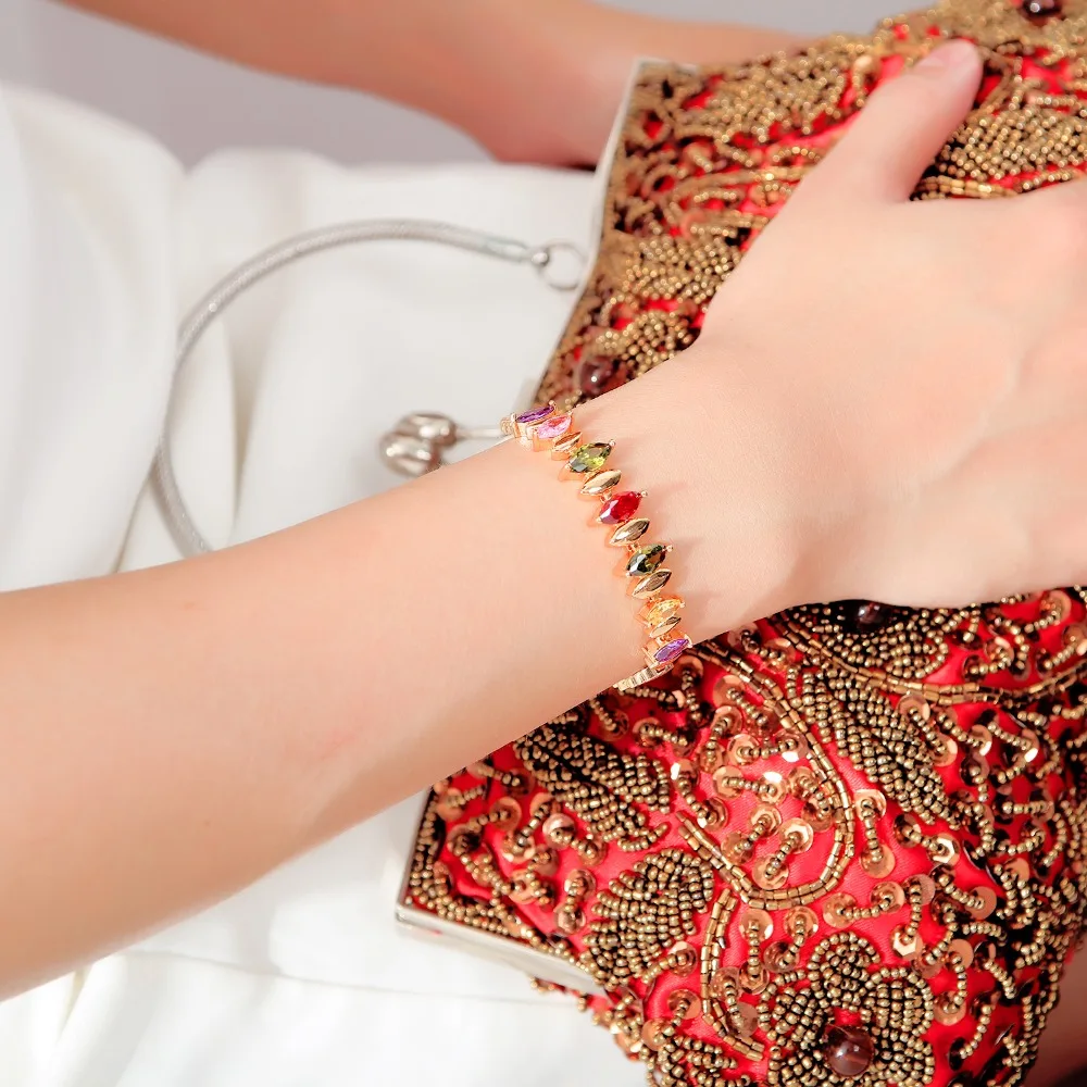 

Felicelia Exquisite Multicolor Rhinestone CZ Bracelets Bangles For Women Girls Luxury Wedding Gold Color Chain Bracelets Gift